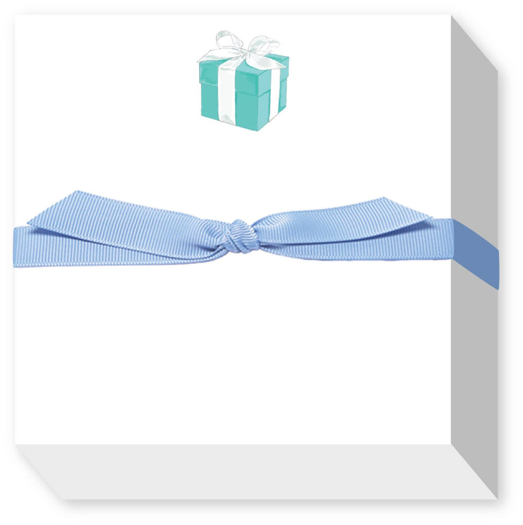 Square white Chubbie Notepad with a teal gift box icon and a light blue ribbon tied around it.