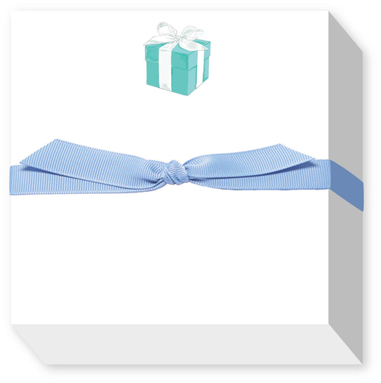 Square white Chubbie Notepad with a teal gift box icon and a light blue ribbon tied around it.