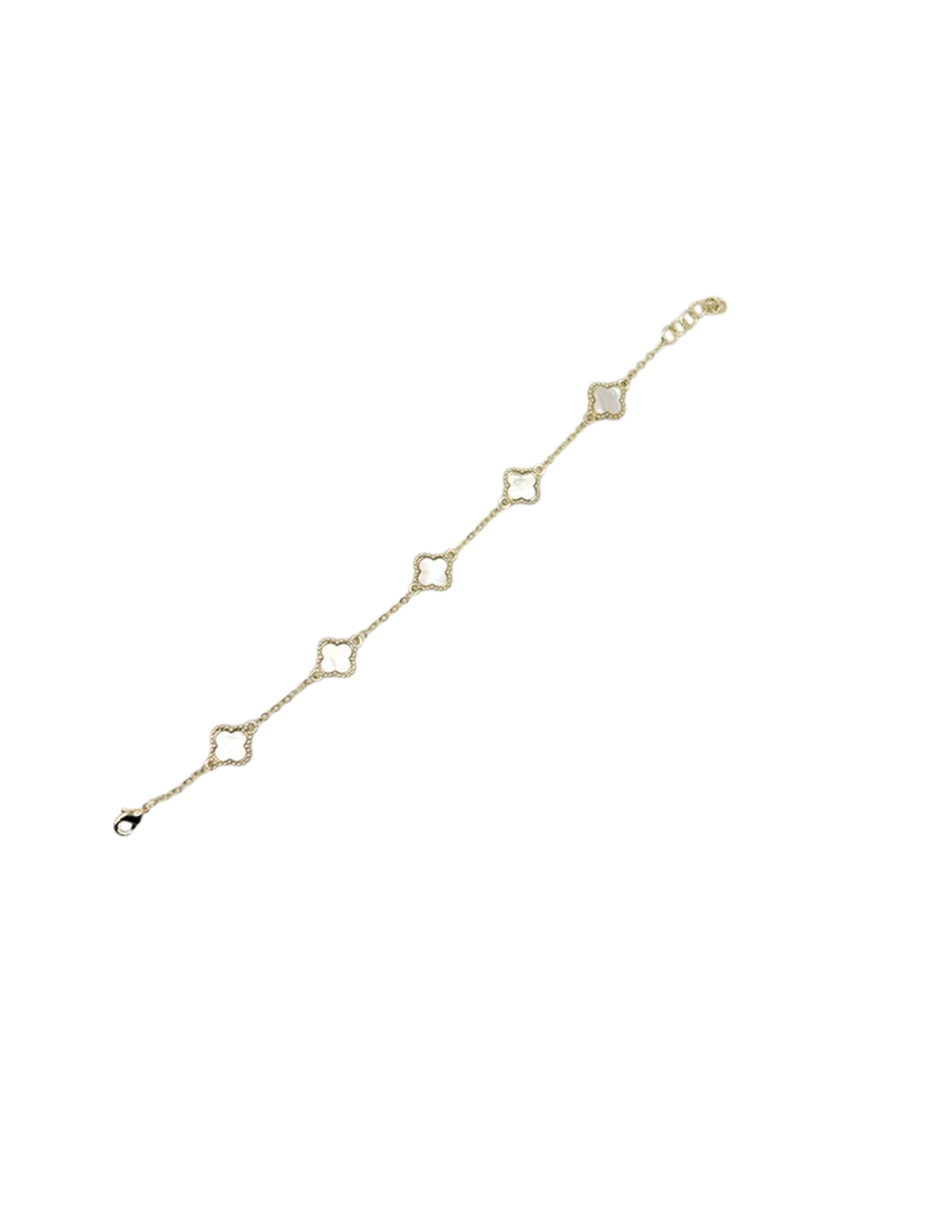 Magic Clover Bracelet featuring five white clover motifs on a gold chain with a lobster clasp.
