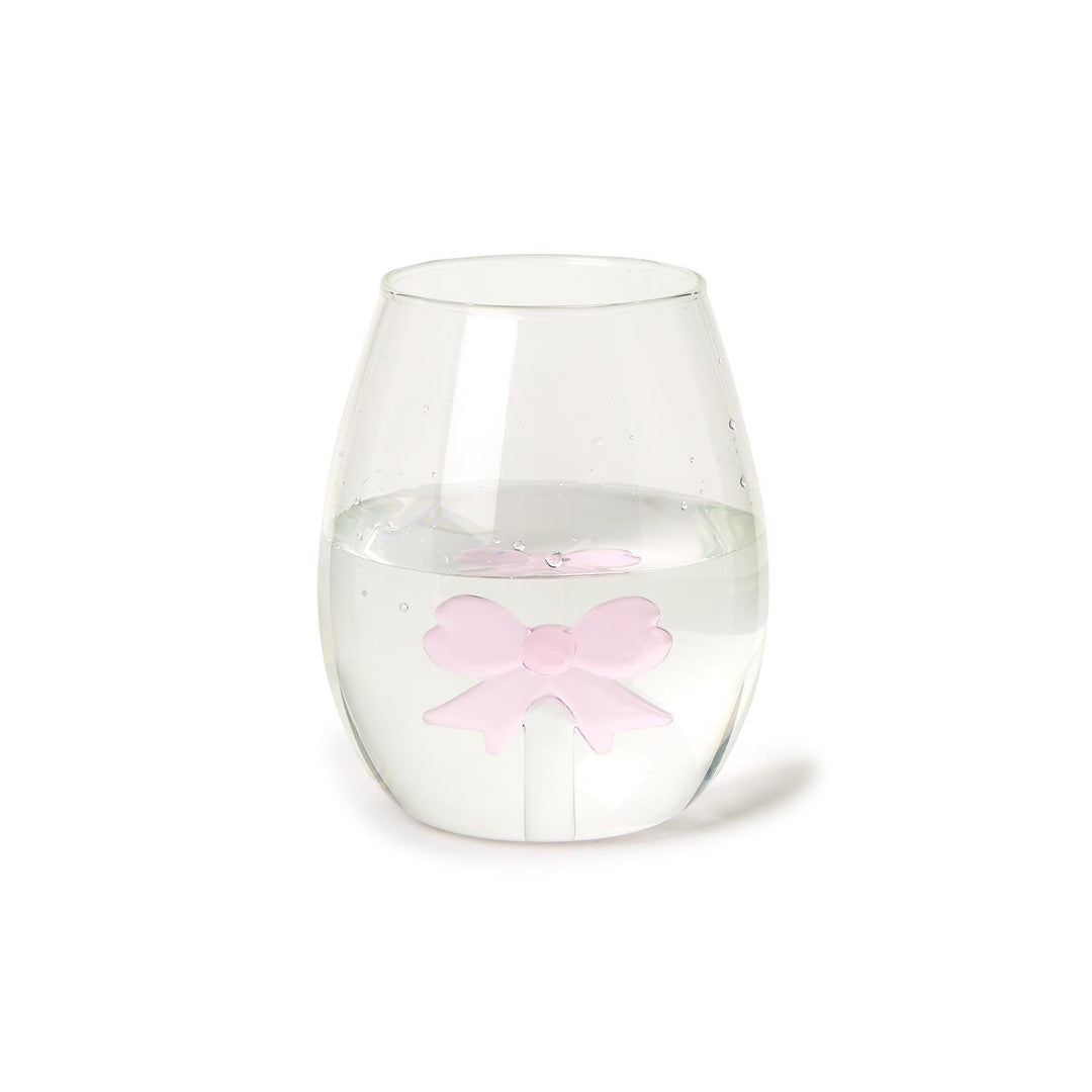 Pink Bow Stemless Wine Glass with a 3D pink bow icon attached to the inside bottom.