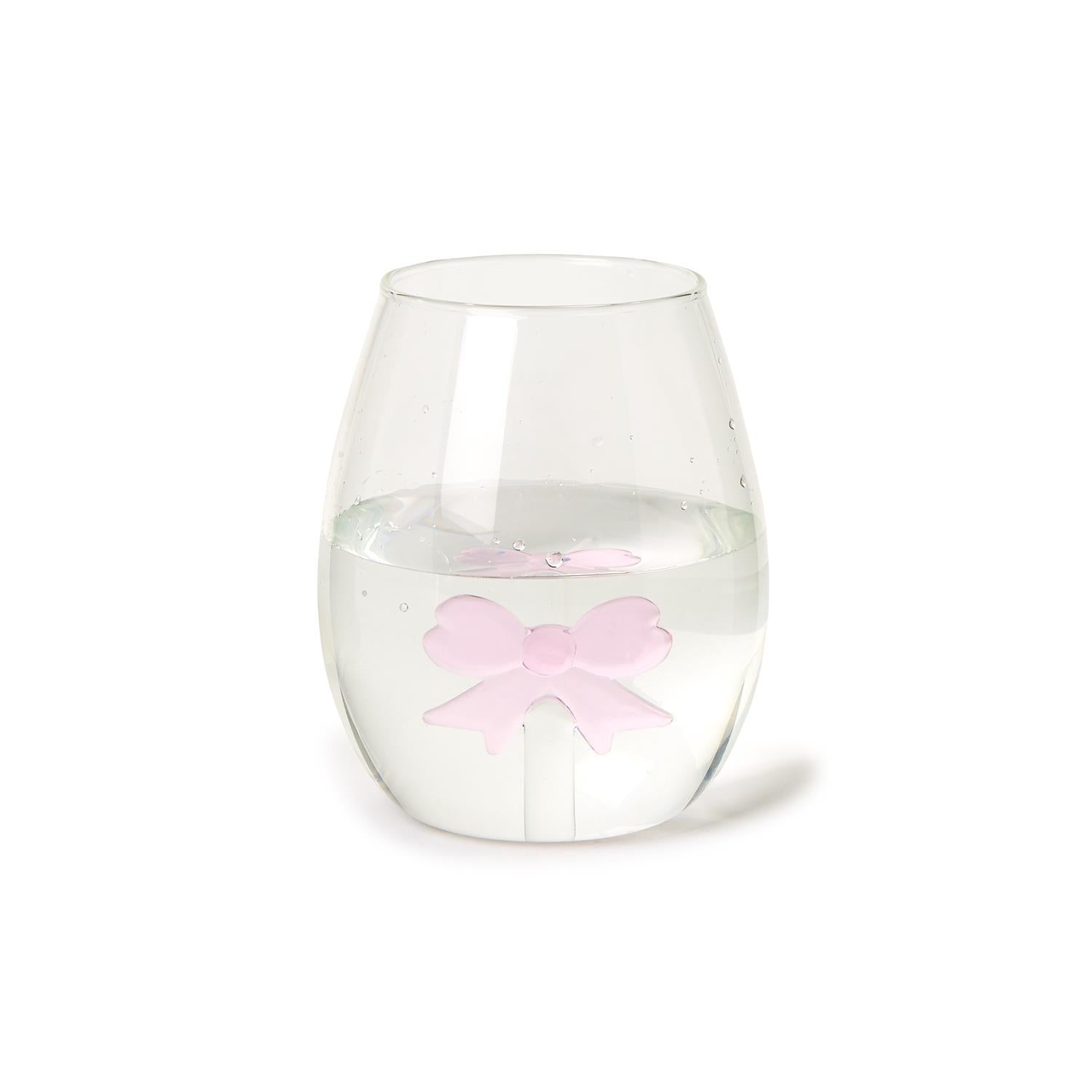 Pink Bow Stemless Wine Glass with a 3D pink bow icon attached to the inside bottom.