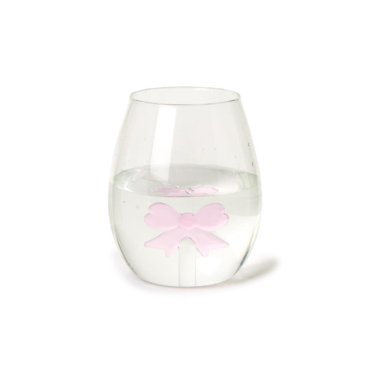 Pink Bow Stemless Wine Glass with a 3D pink bow icon attached to the inside bottom.
