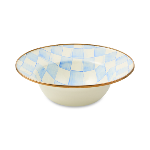 Hand-glazed steel serving bowl with hand-painted sky blue check pattern on a bronzed stainless steel rim.