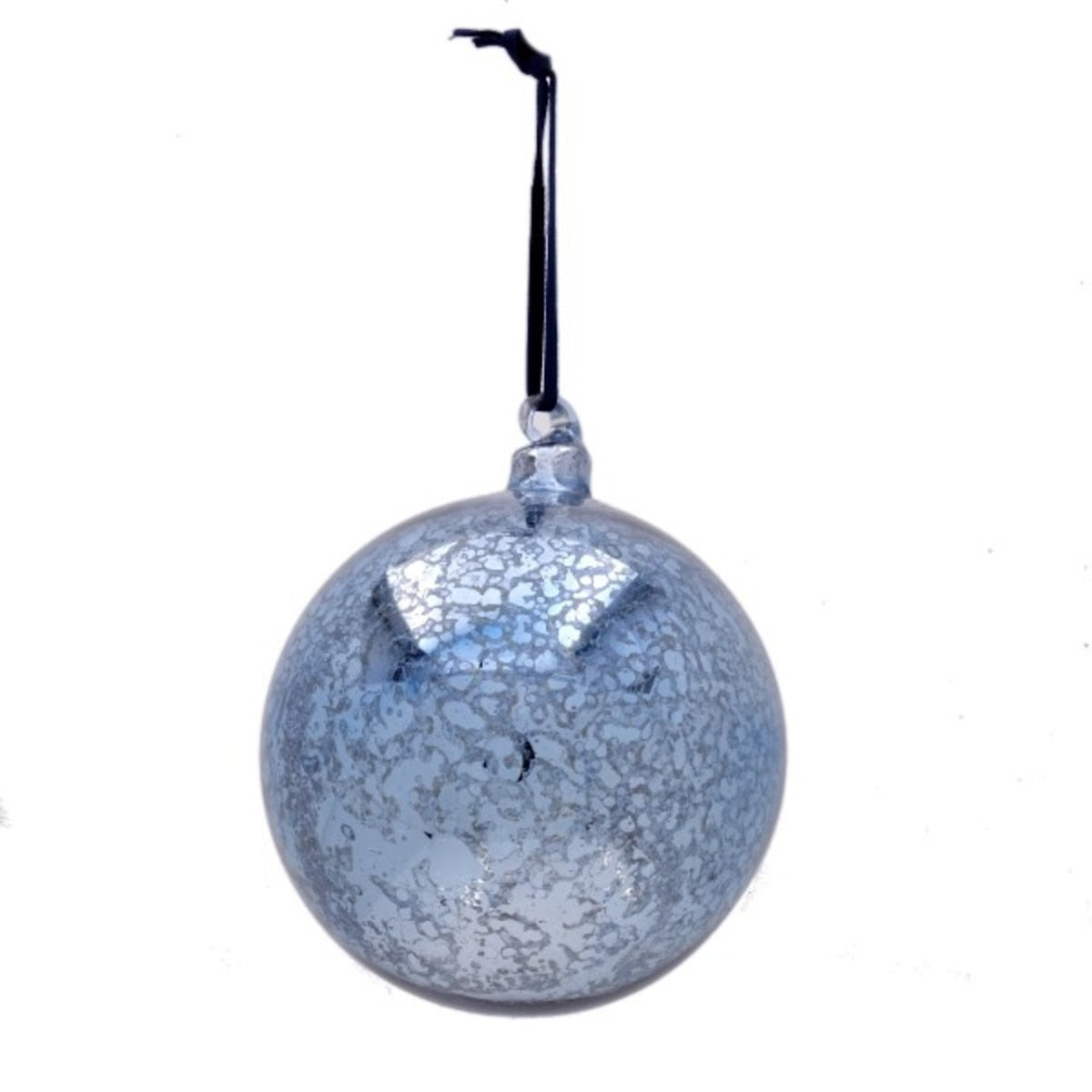 Hand-blown blue mercury glass ornament with a mottled vintage finish and black hanging ribbon.