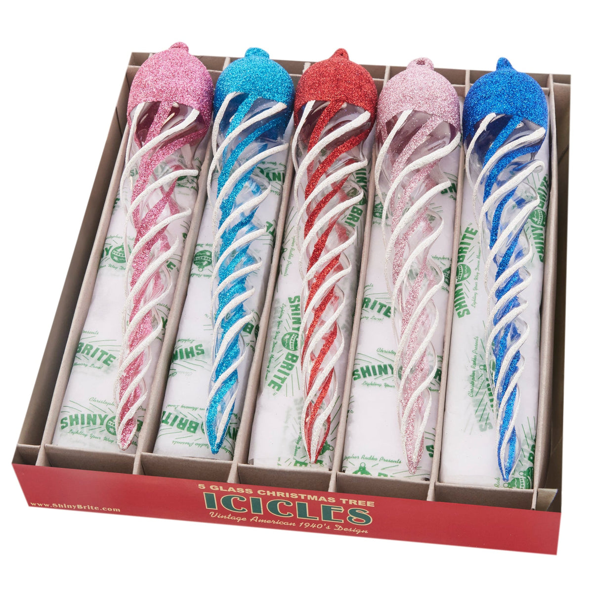 Set of 5 colorful 8.5-inch glass icicle Christmas ornaments in a vintage-style box.