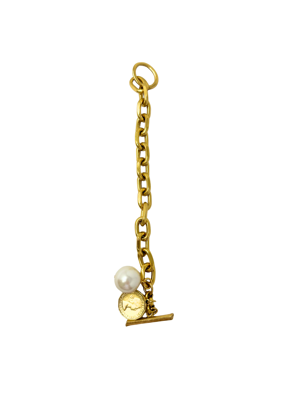 Gold link bracelet featuring a white pearl charm and a gold coin charm with a toggle clasp.