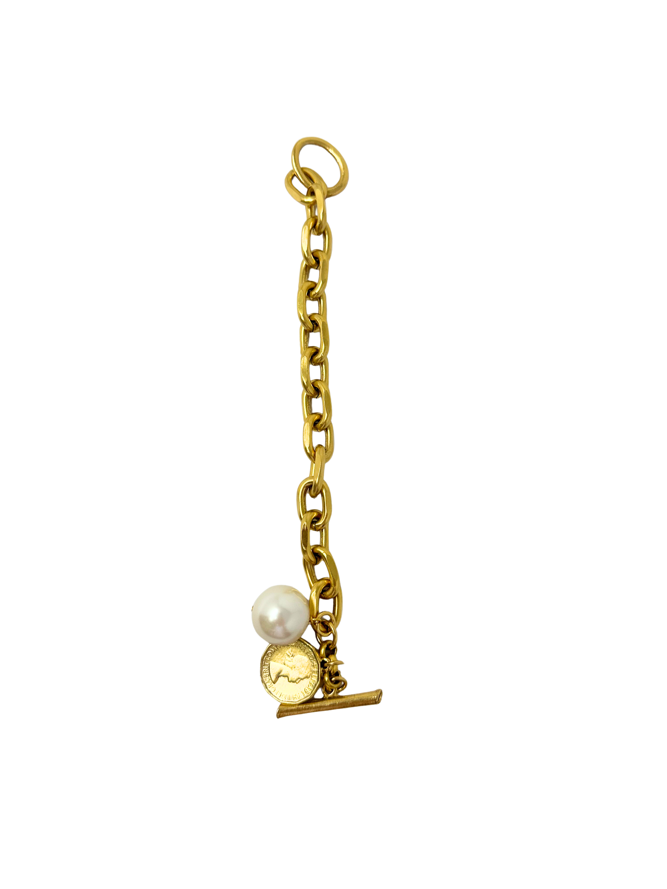 Gold link bracelet featuring a white pearl charm and a gold coin charm with a toggle clasp.