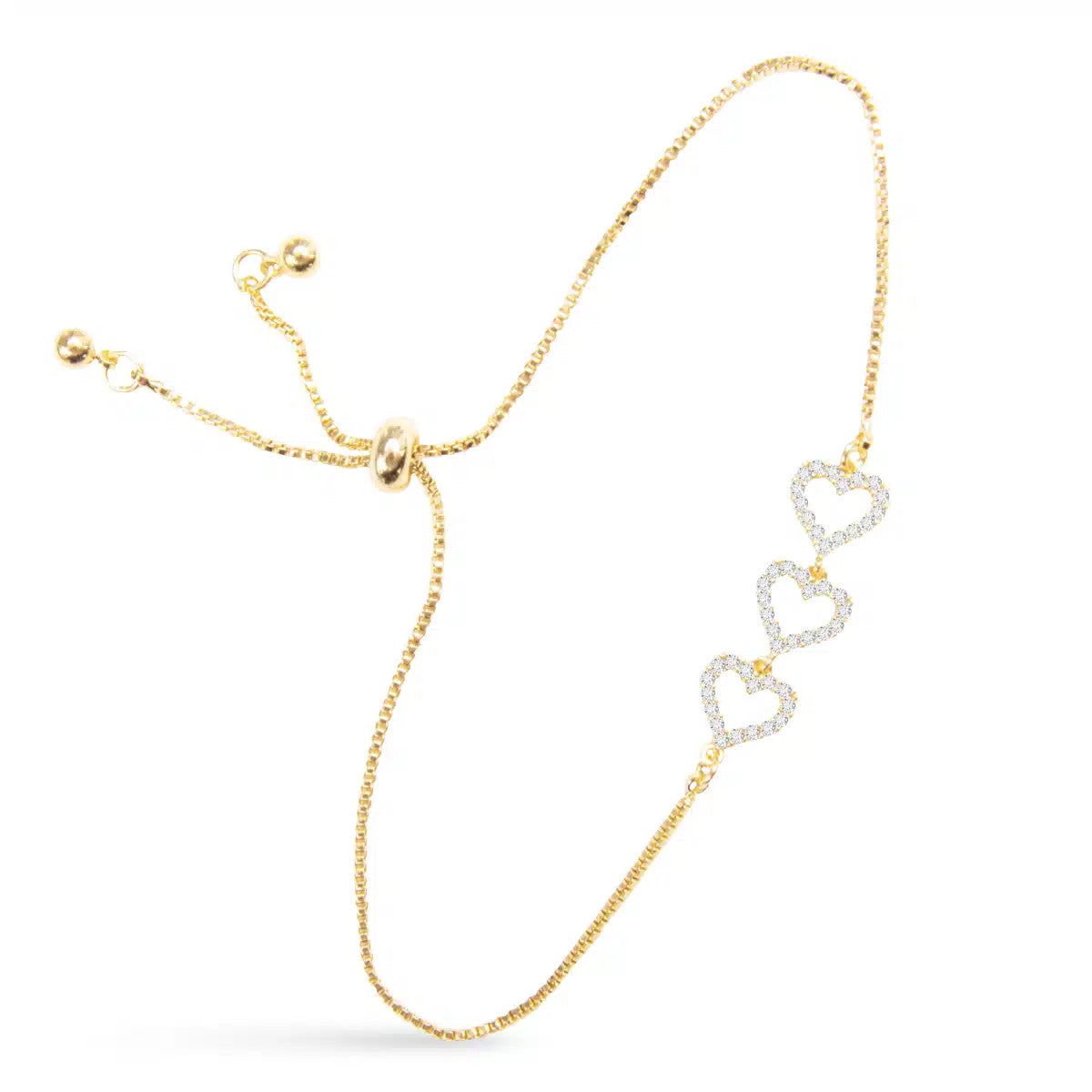 Gold pull cord bracelet featuring three interconnected hearts set with cubic zirconia stones.