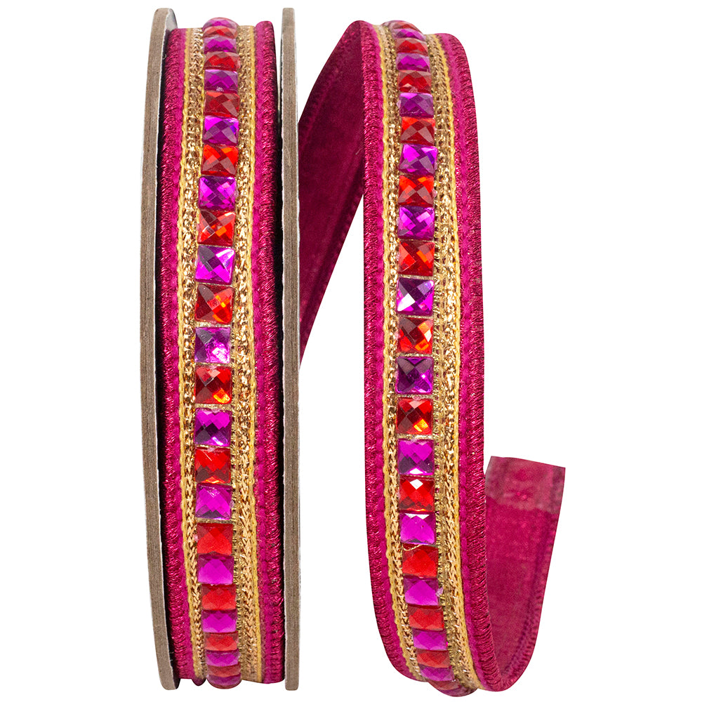 Sumptuous jewel accent ribbon with metallic backing, wired edges, and pink and red square gems.