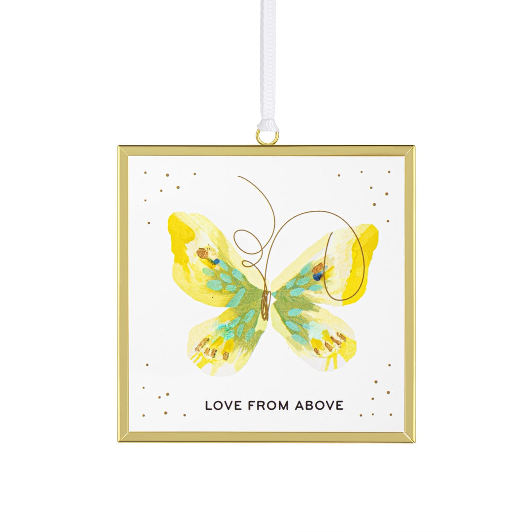 Square gold-framed butterfly suncatcher with yellow watercolor art and "LOVE FROM ABOVE" text.