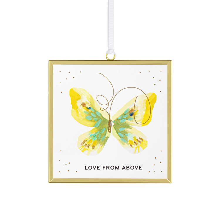 Square gold-framed butterfly suncatcher with yellow watercolor art and "LOVE FROM ABOVE" text.