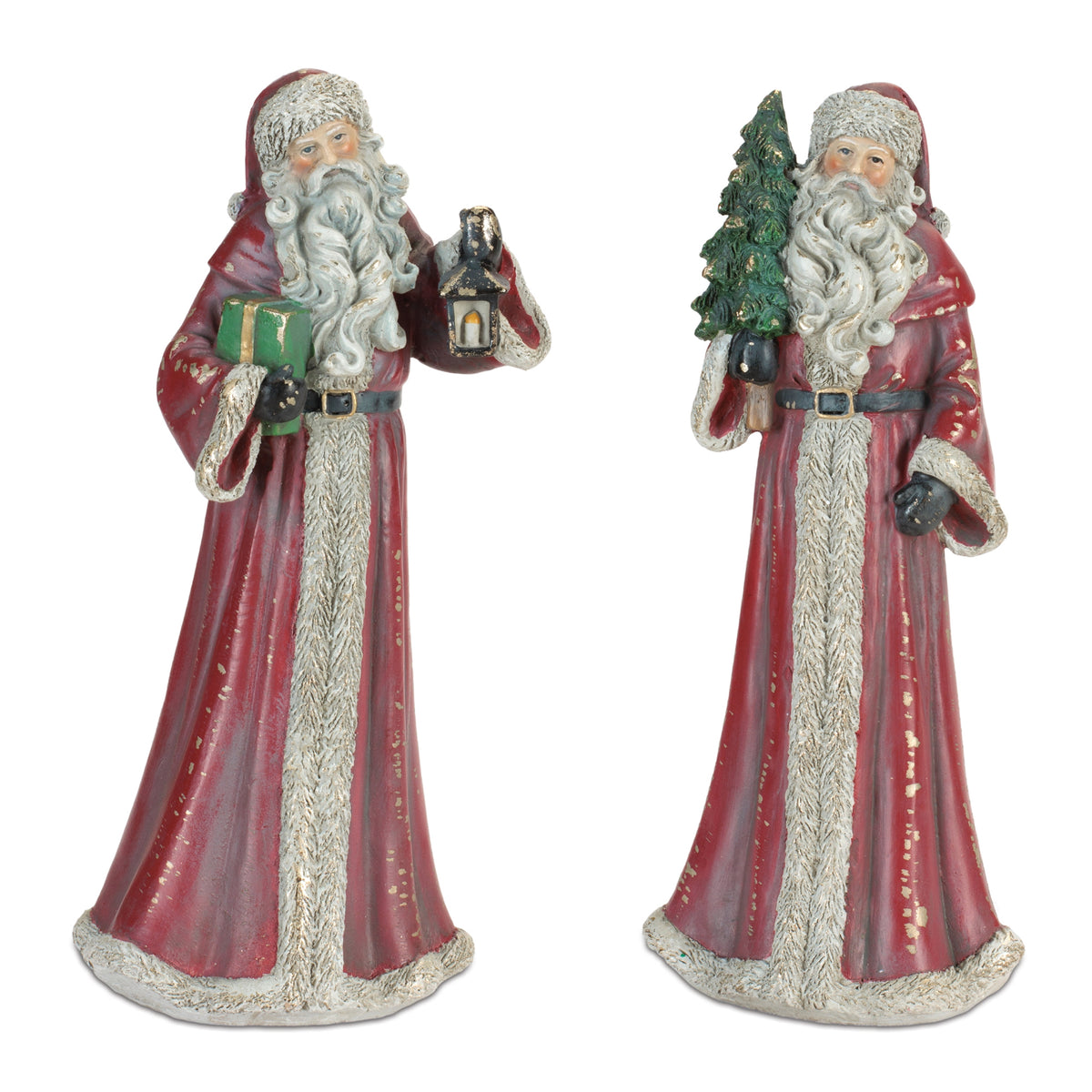 Two 10-inch vintage-style Santa figurines in red robes, one holding a gift and one a small tree.