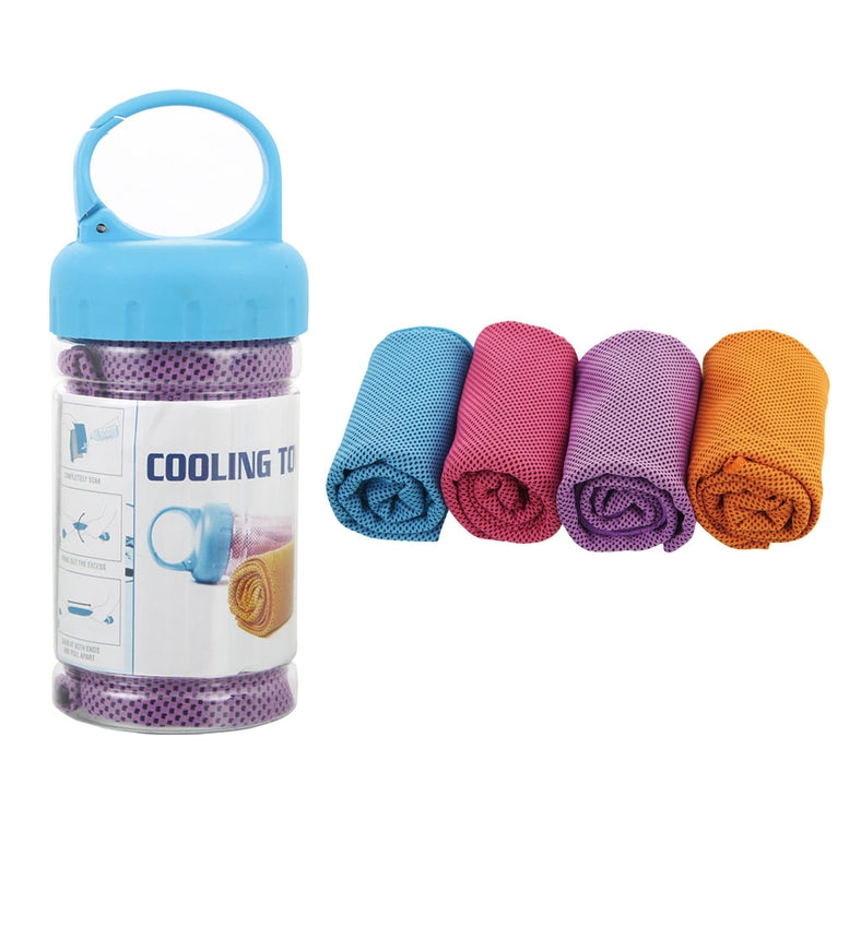 Blue cooling towel with white piping trim laid flat.