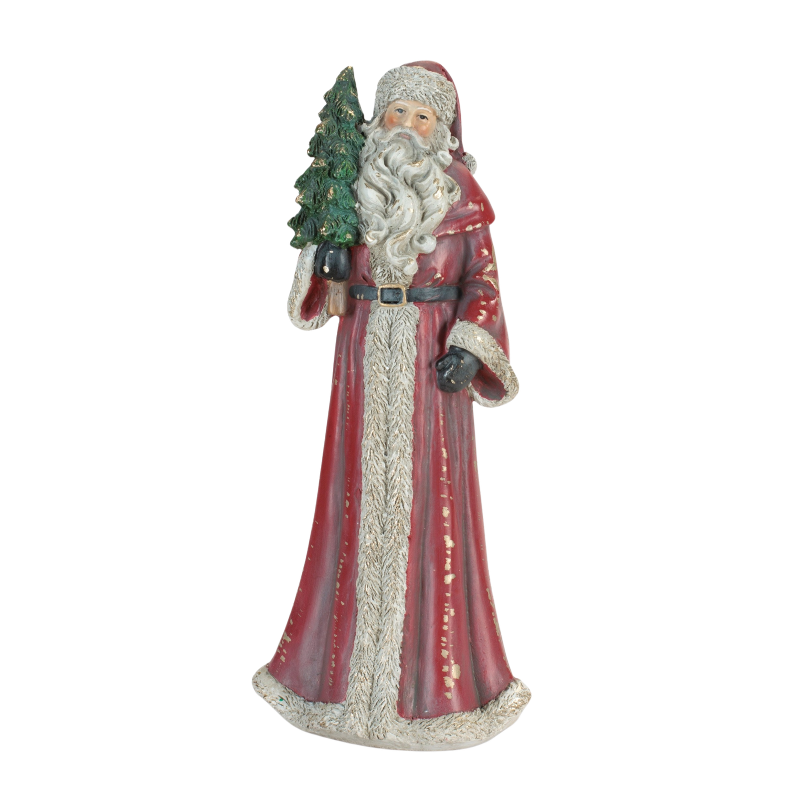 10-inch tall vintage-style Santa figurine in a long red coat holding a small green Christmas tree.