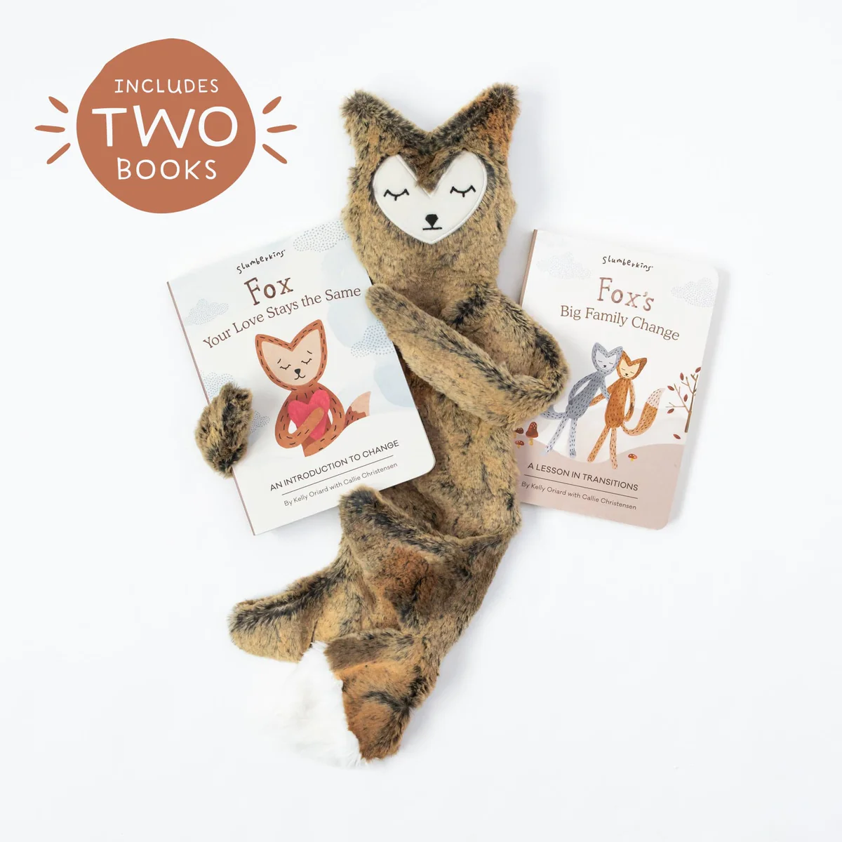 Slumberkins Fox Snuggler plush toy with Fox Your Love Stays the Same and Big Family Change books.