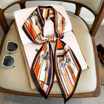 Fashionable double-layer head scarf with orange, navy, and white stripes and horse pattern.