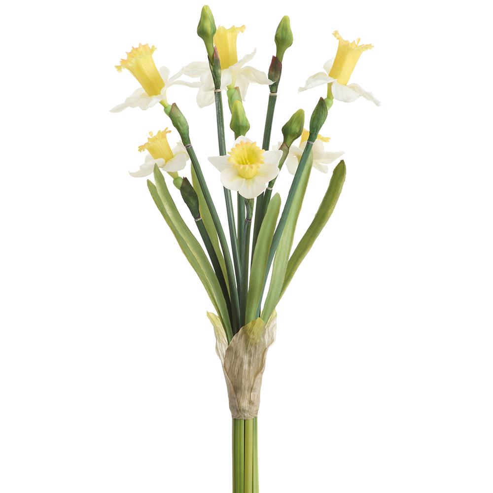 Bundle of twenty-one inch real touch daffodil flowers in yellow plastic with metal wire stems.