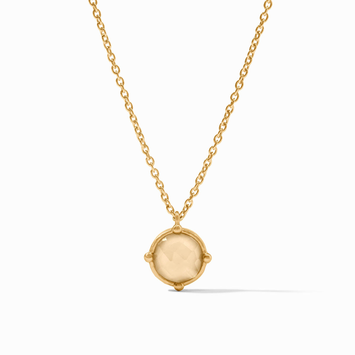 Honeybee Solitaire Necklace featuring a round faceted honey-colored stone on a gold chain.