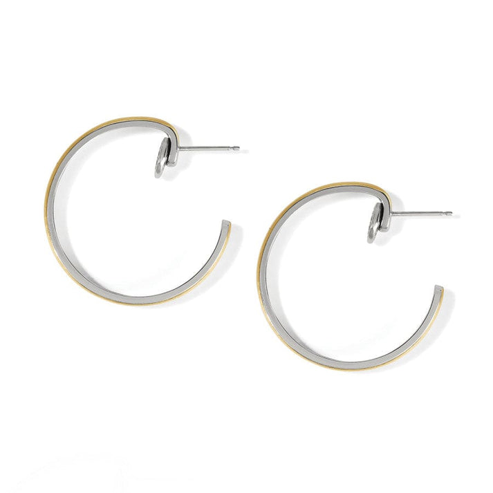Silver-gold two-tone post hoop earrings with flat disc backs