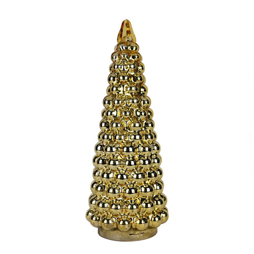 Gold glass Christmas tree ornament made of stacked spheres, 8 inches tall.
