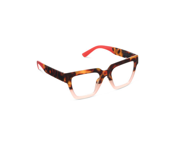 Take A Bow eyeglasses with bold blue frame, animal print temples, and clear lenses.