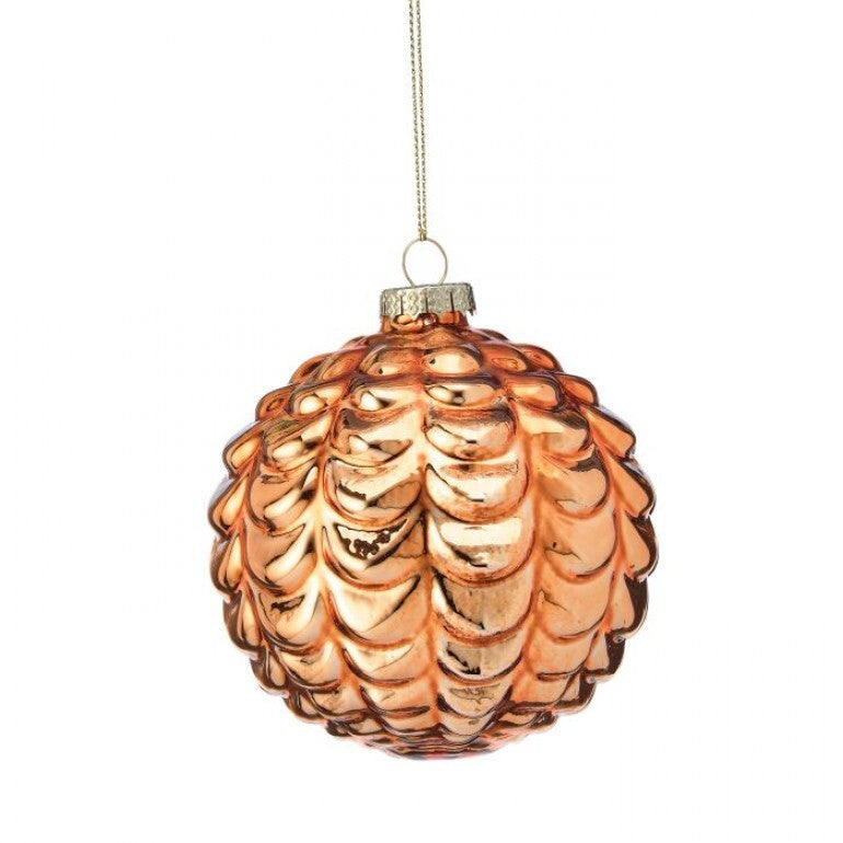 4-inch shiny copper glass ball ornament with a textured cone-inspired scale pattern.