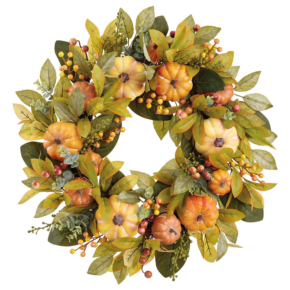 24-inch autumn wreath featuring orange pumpkins, green leaves, and small berries.