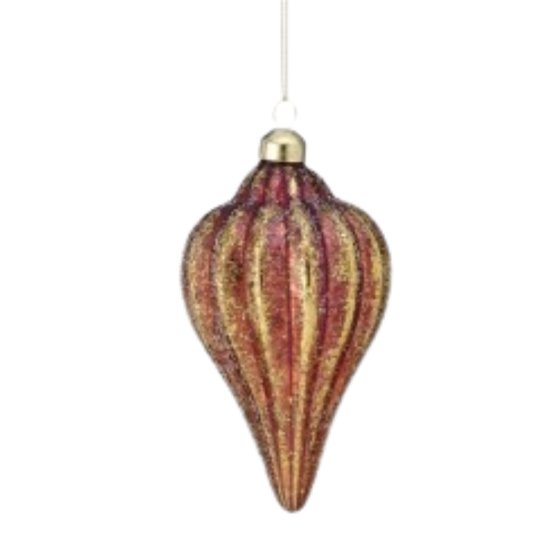 5-inch glass southern finial ornament with red and gold glittered vertical stripes.
