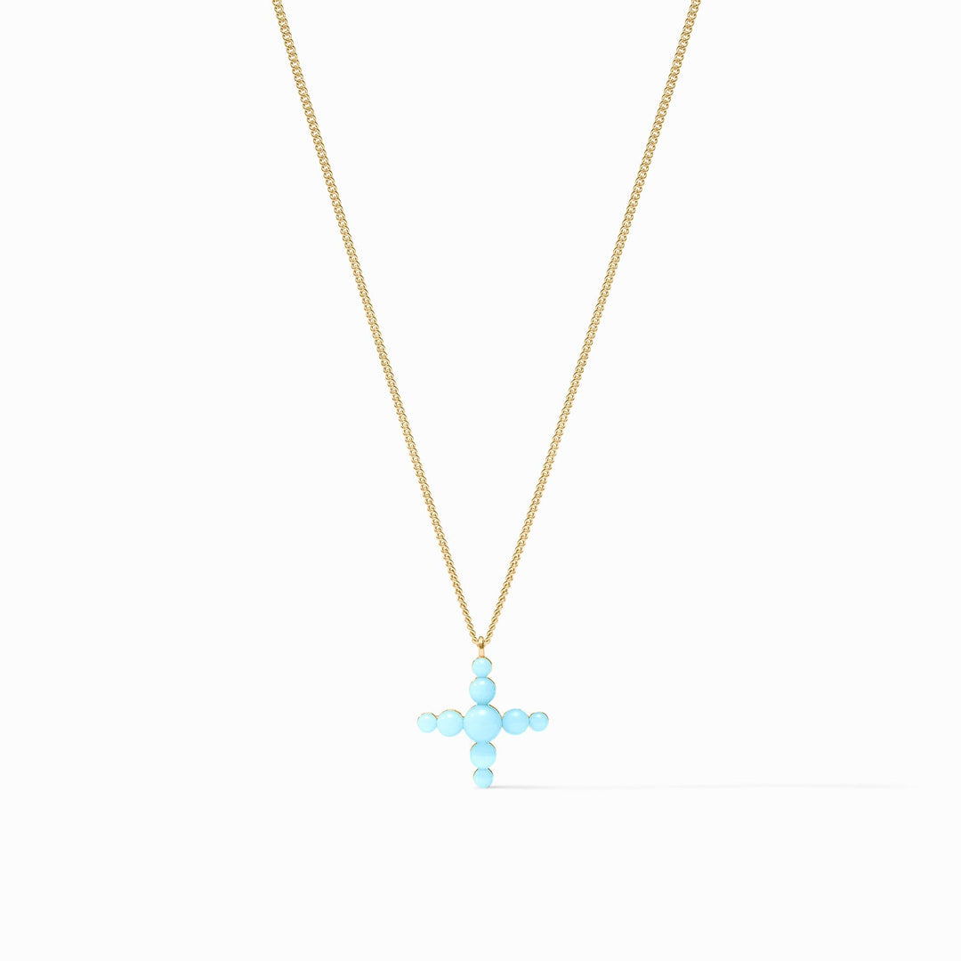 Delicate gold-plated curb chain necklace featuring a cross-shaped pendant with reconstituted gemstone beads.