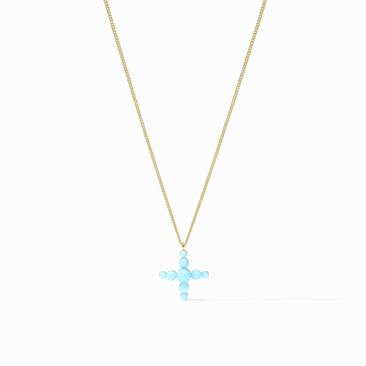Delicate gold-plated curb chain necklace featuring a cross-shaped pendant with reconstituted gemstone beads.