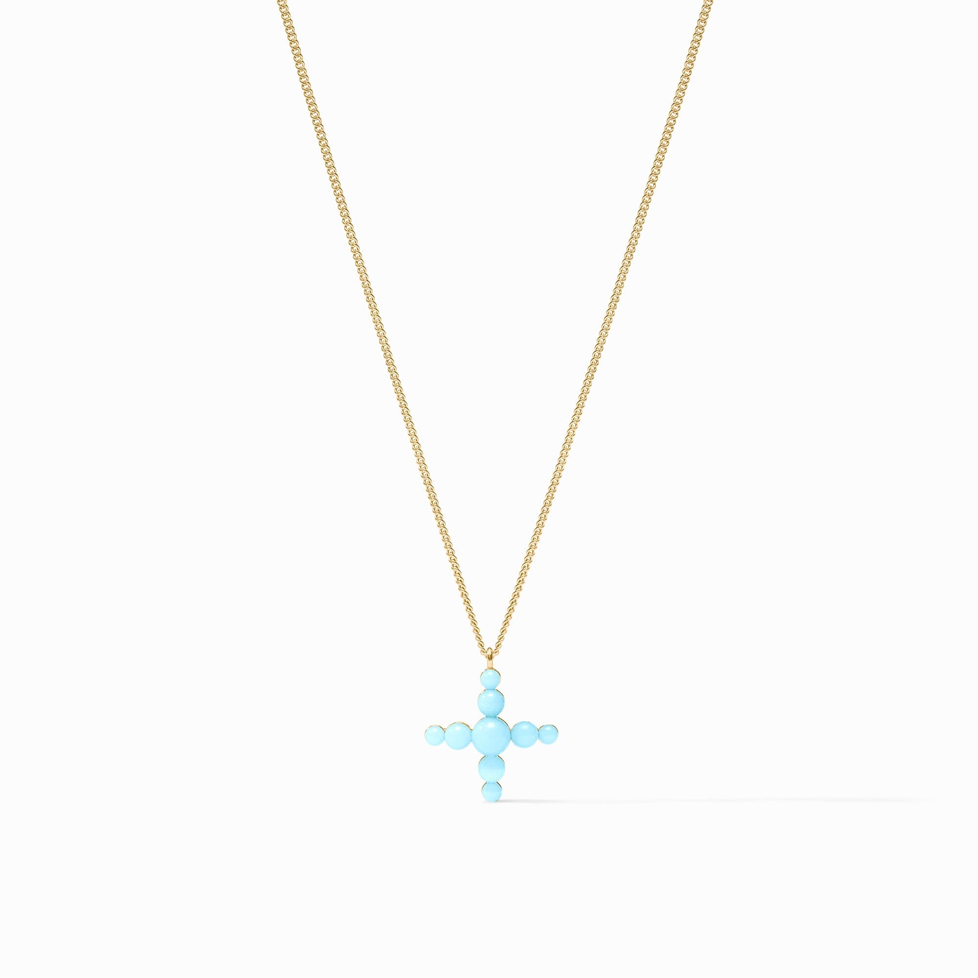 Delicate gold-plated curb chain necklace featuring a cross-shaped pendant with reconstituted gemstone beads.