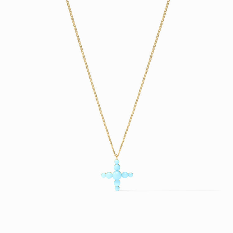 Delicate gold-plated curb chain necklace featuring a cross-shaped pendant with reconstituted gemstone beads.