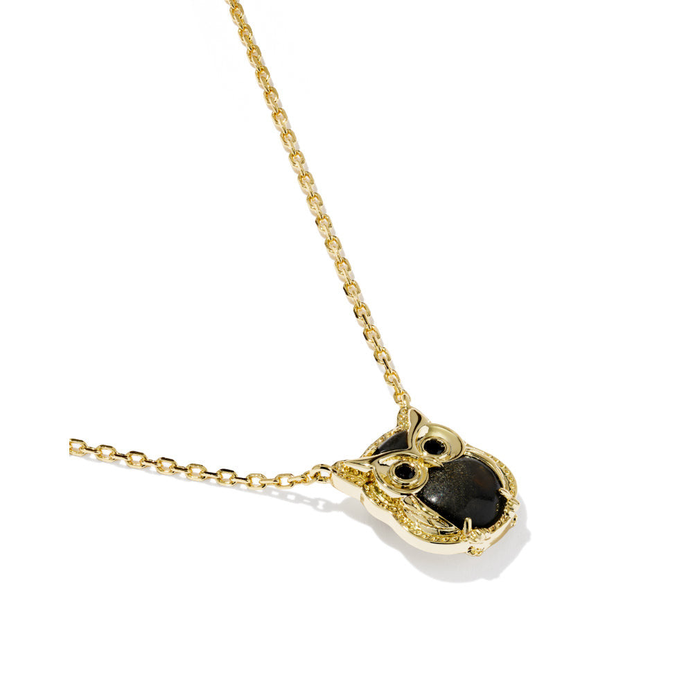 Gold owl short pendant necklace featuring a gold sheen obsidian stone on a delicate chain.