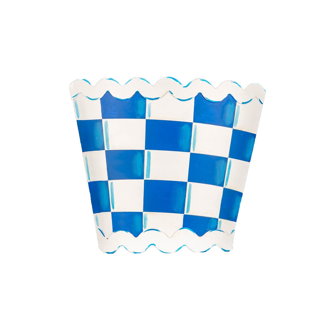 Blue and white checked fabric pocket with a hanging loop.