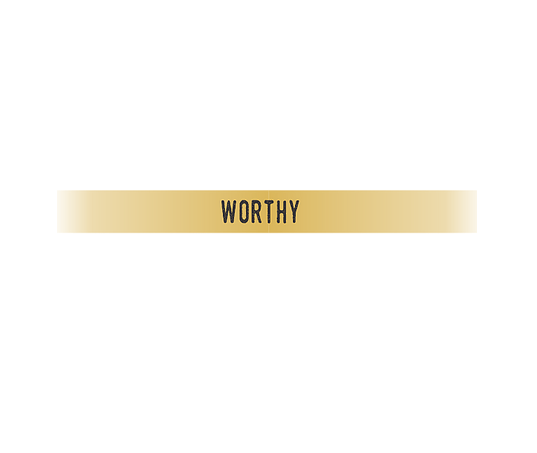 A gold-colored horizontal bar bracelet featuring the word WORTHY in dark, sans-serif capital letters.