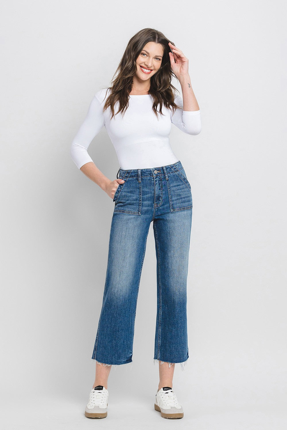 Avery High Rise Crop Utility Straight Jeans in dark wash denim with five-pocket styling and button fly.