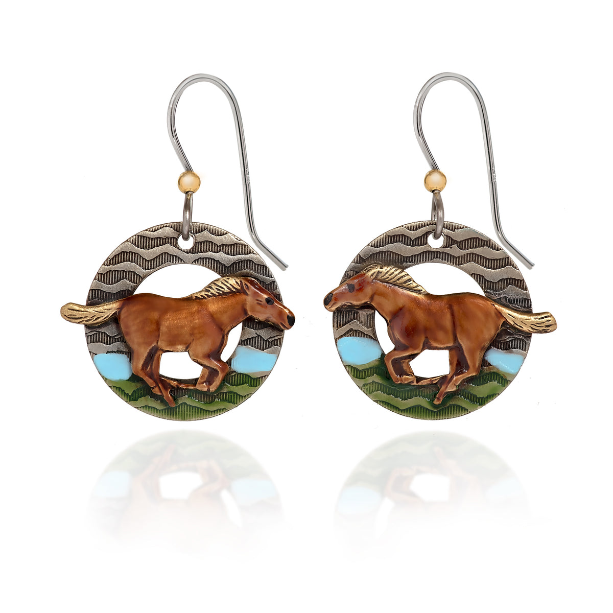 Brown horse earrings with a running horse design on a textured silver circle with green grass and blue water accents.