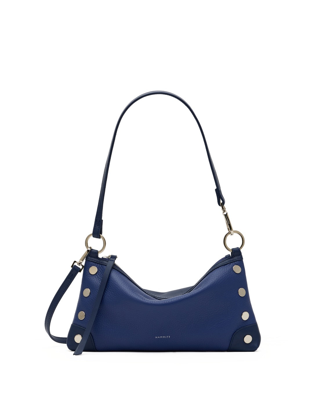 Blue pebbled leather Kyle Bag with silver studs, shoulder strap, and detachable crossbody strap.