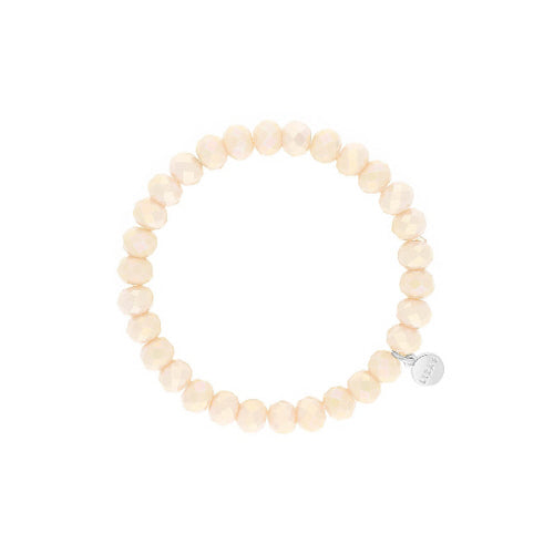 Stretchy bracelet with faceted glass beads in mixed colors on a white background.