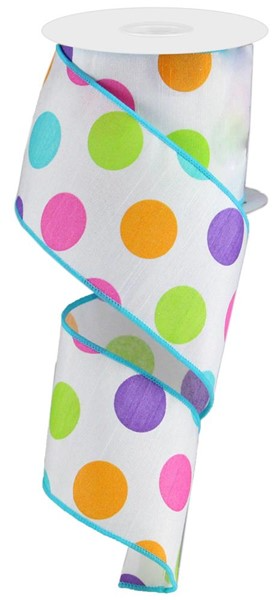 White polyester fabric with purple polka dots in a faux dupioni texture