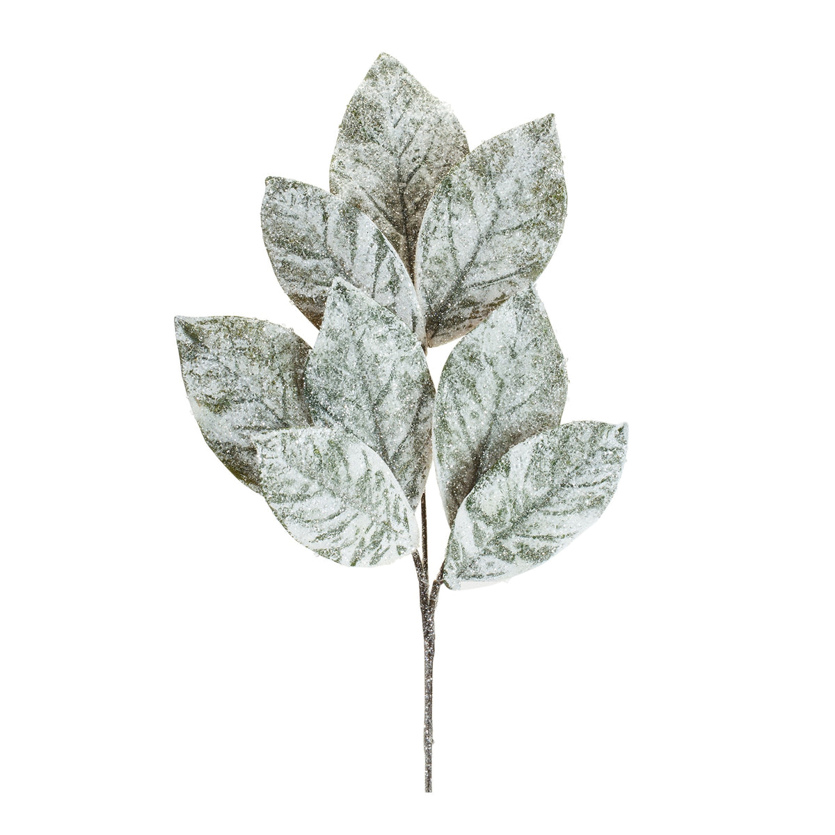 32.5-inch frosted magnolia leaf spray with a snowy, glittered finish on green leaves.