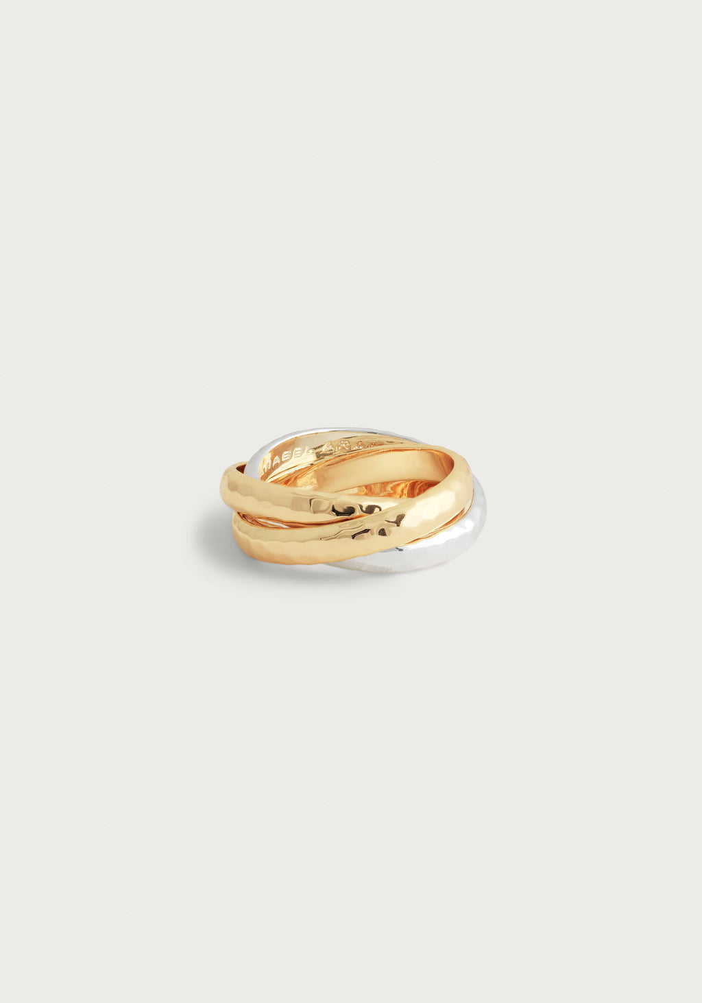 Farrier Mixed Metal Triple Band Ring with interlocking gold and silver plated hammered bands.
