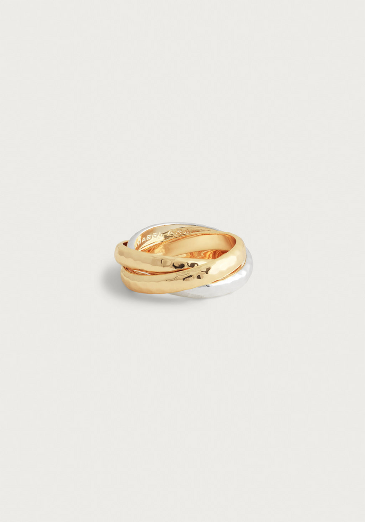 Farrier Mixed Metal Triple Band Ring with interlocking gold and silver plated hammered bands.