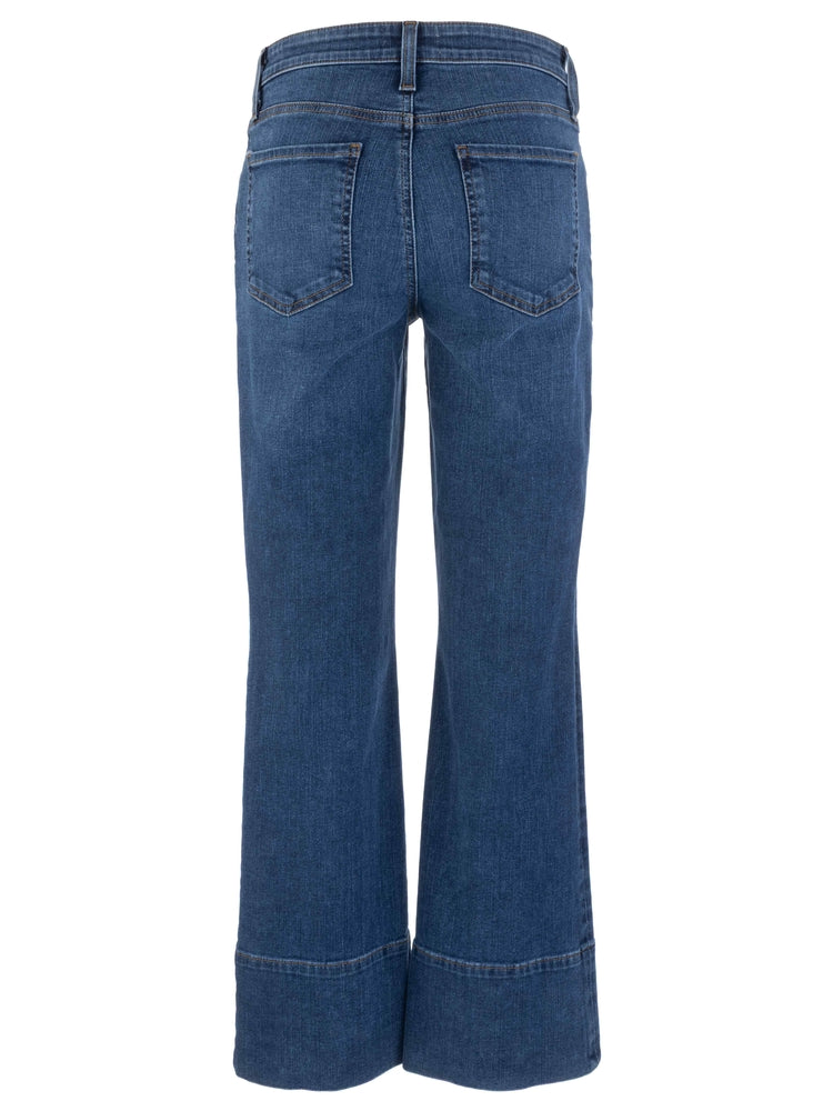 Back view of high-rise blue denim ankle jeans with wide hems and back pockets.