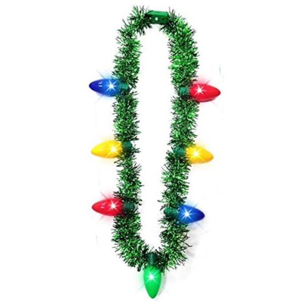 Green tinsel necklace with colored LED bulbs in carded packaging