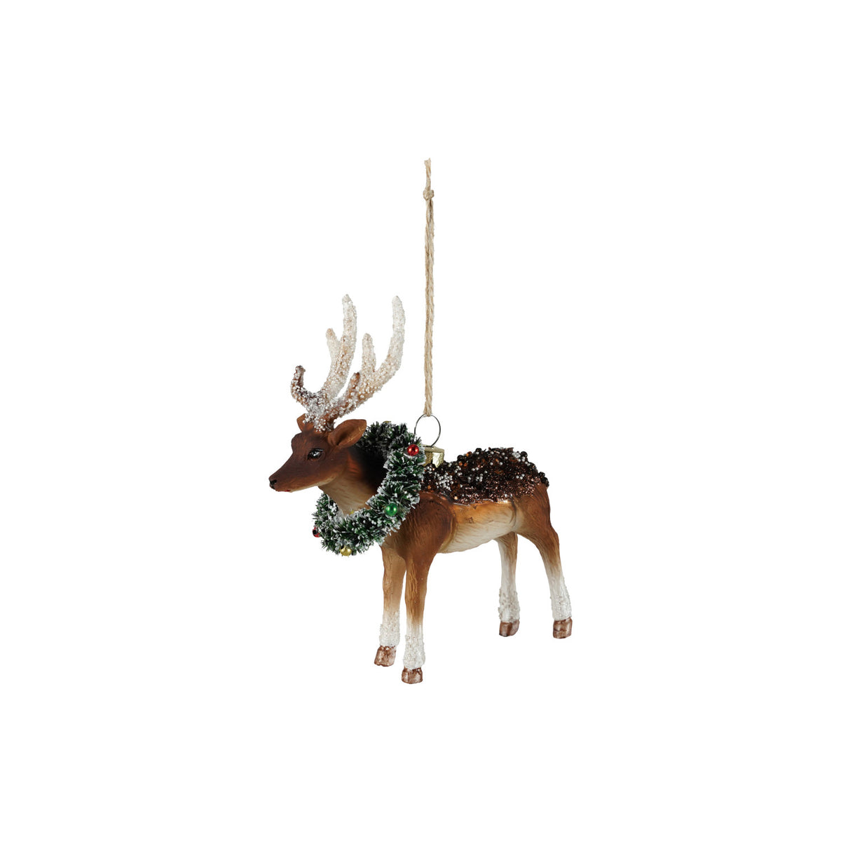 Hand-painted glass deer ornament with white antlers, a green wreath, and glittered back.