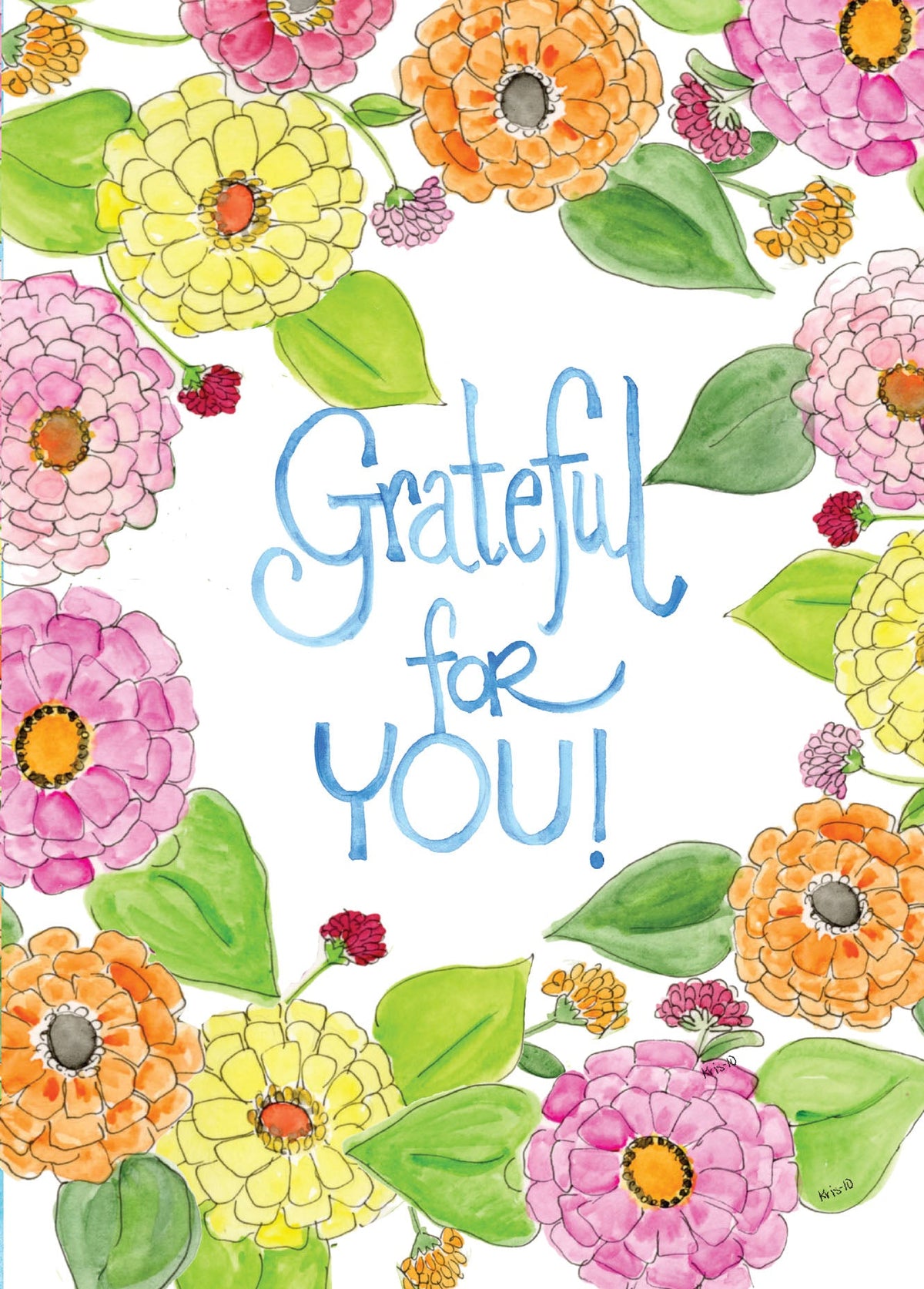 A6 Grateful Zinnias greeting card with matching envelope featuring an illustrated heart and scripture.