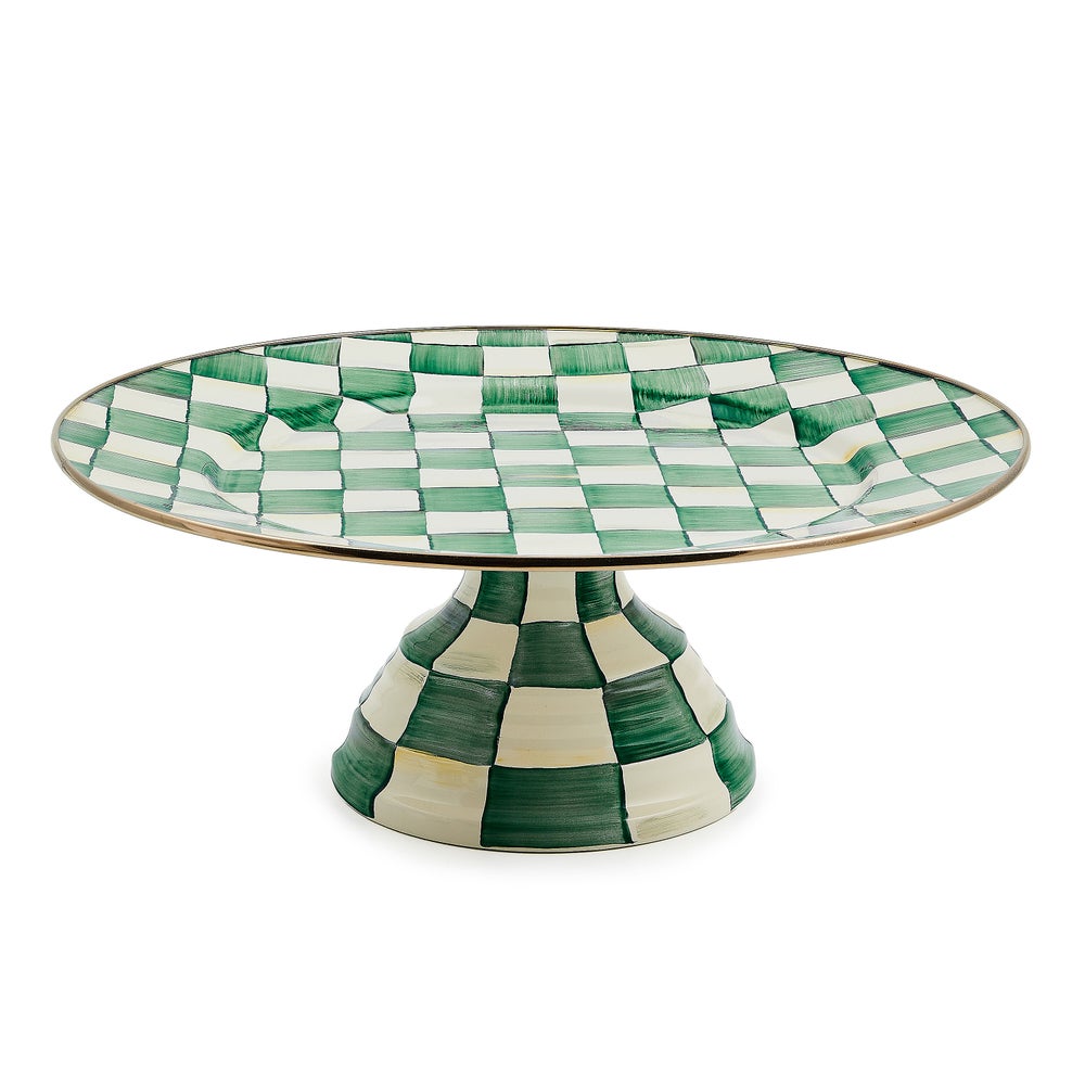 Emerald Check Large Pedestal Platter with hand-painted green and white checks and a bronzed rim.