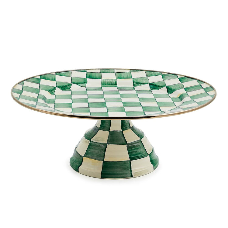 Emerald Check Large Pedestal Platter with hand-painted green and white checks and a bronzed rim.