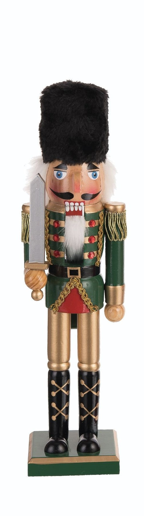 Wooden nutcracker figurine with a royal blue coat, gold accents, and black hat standing upright.